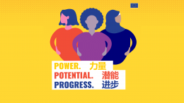 Illustration of three women and the text "Power. Potential. Progress" in English and Chinese